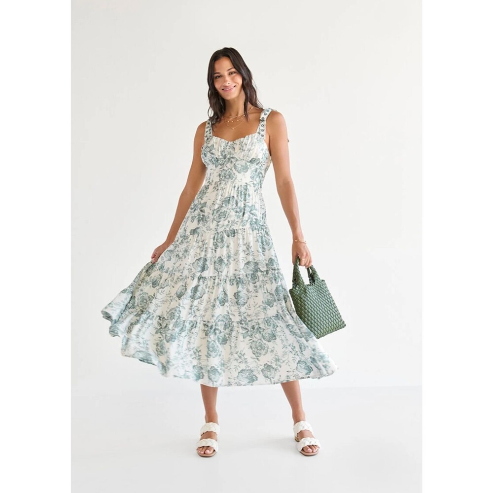 Francesca's MEDIUM Trixxi Martina Floral Midi Dress Green Ivory Tie Strap Tiered